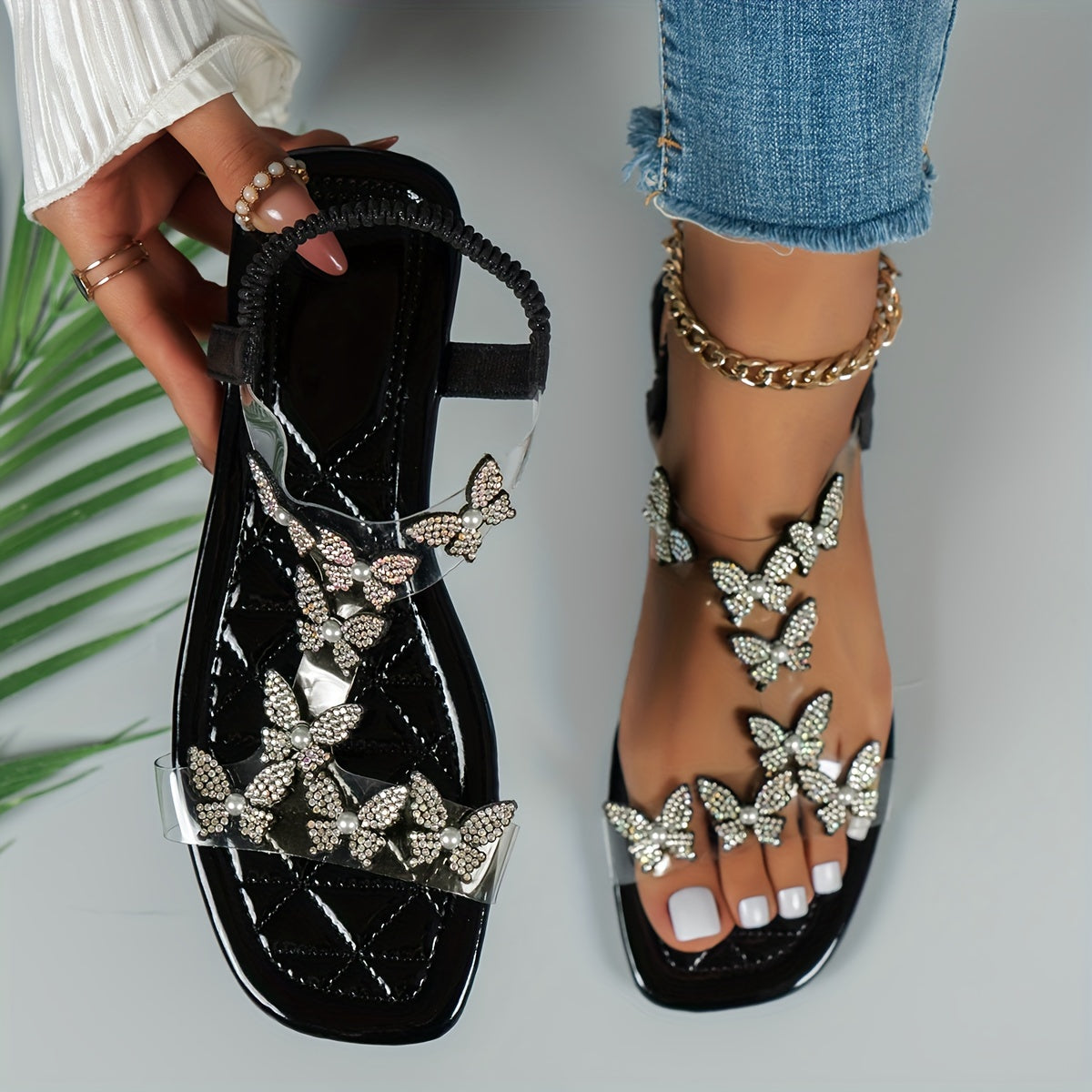 Womens Sparkling Rhinestone Butterfly Flat Sandals - Fashionable Open Toe Summer Shoes with Comfortable Elastic Bands - Ideal for Casual Everyday Wear
