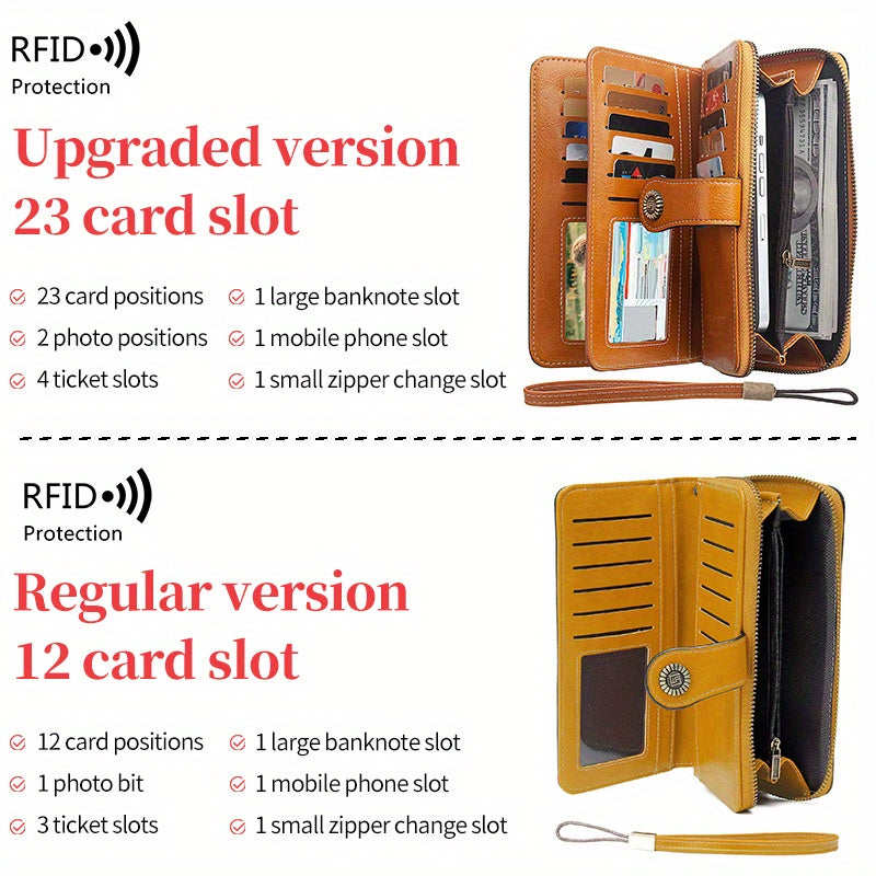 Vintage-Style RFID Long Wallet – Large-Capacity Faux Leather Coin Purse with Wristband, Snap Closure & Multi-Card Slots
