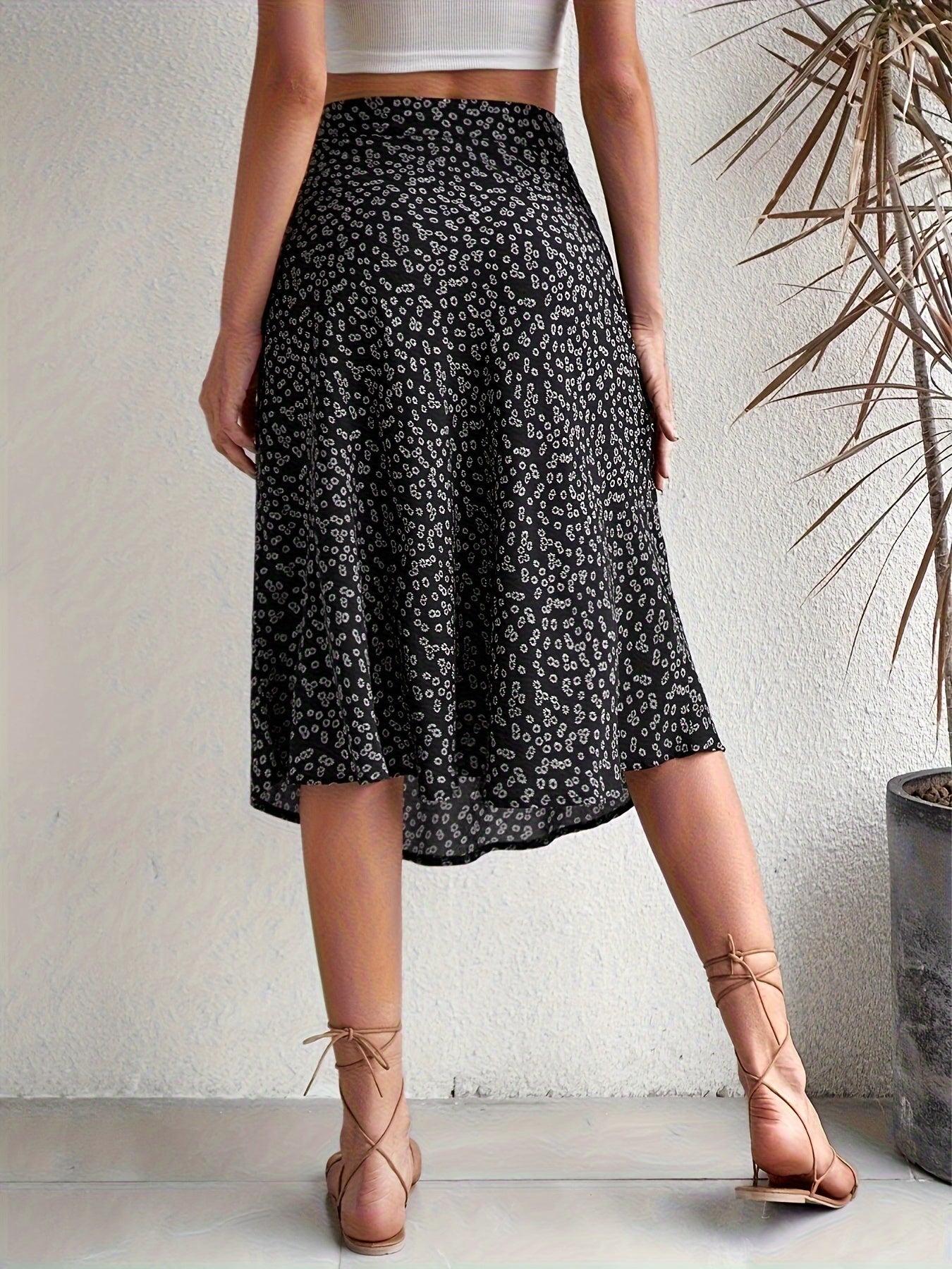 Boho Floral Print Split Skirts, Elegant High Waist Midi Skirts For Spring & Summer, Women's Clothing