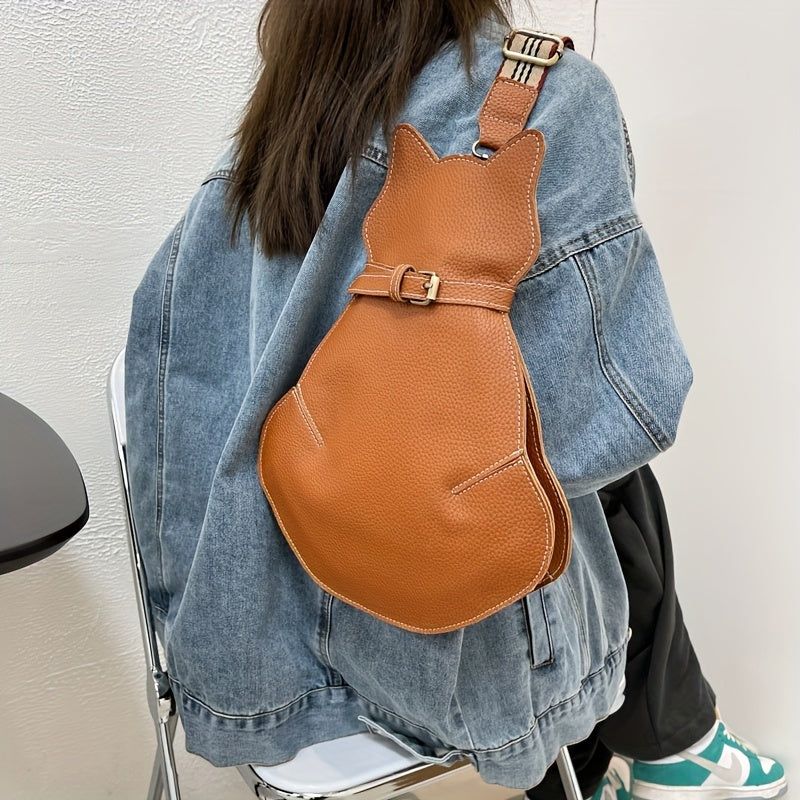Cat Shaped Shoulder Bag, Vintage PU Leather Sling Bag, Women's Kawaii Crossbody Purse