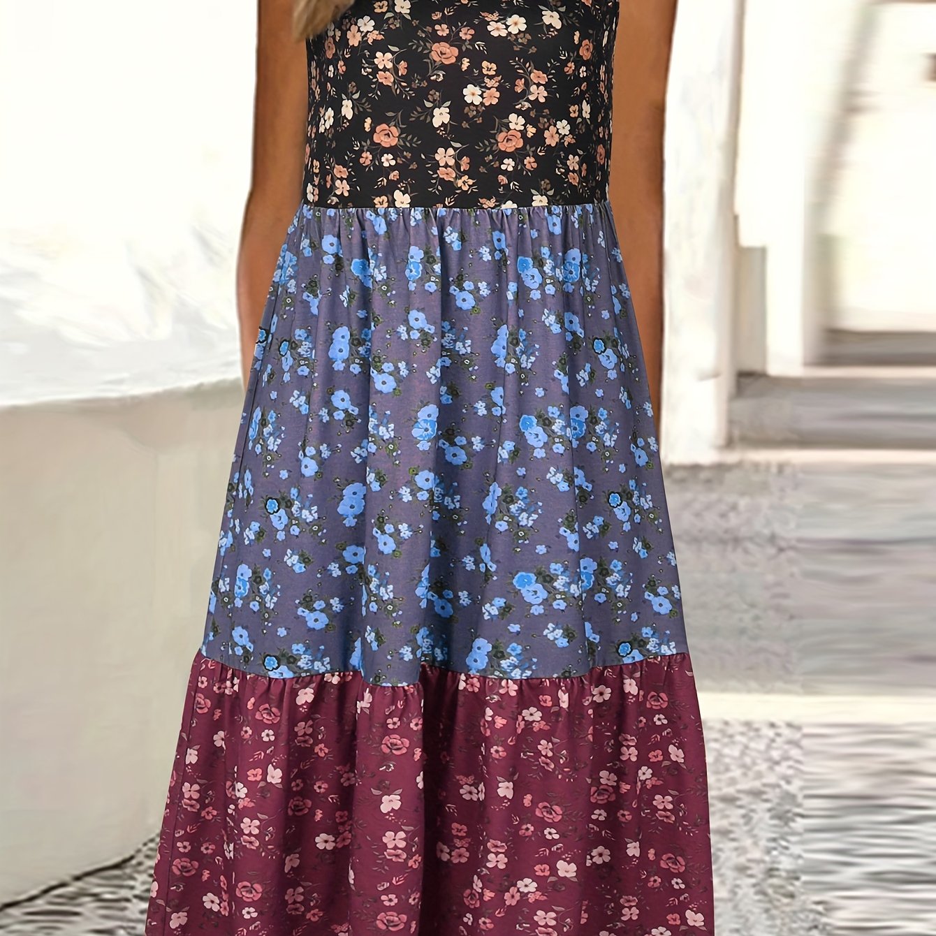 Vibrant Color Block Floral Print Tiered Tank Dress - Relaxed Fit, Crew Neck, Casual, Comfortable, Soft Fabric - Womens Summer Clothing, Beach Dress, Vacation Wear