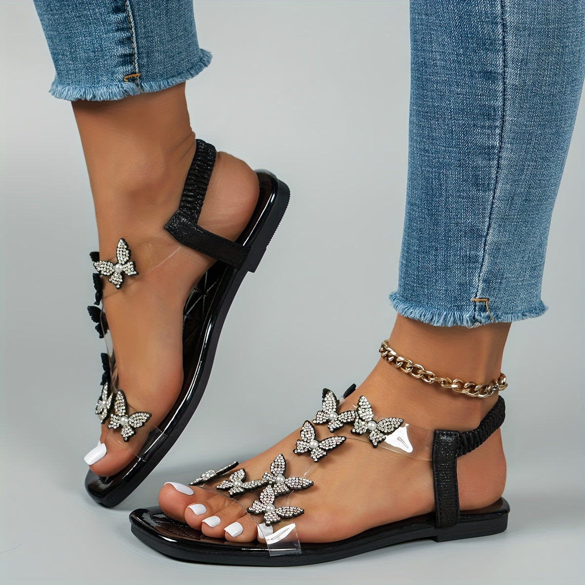 Womens Sparkling Rhinestone Butterfly Flat Sandals - Fashionable Open Toe Summer Shoes with Comfortable Elastic Bands - Ideal for Casual Everyday Wear