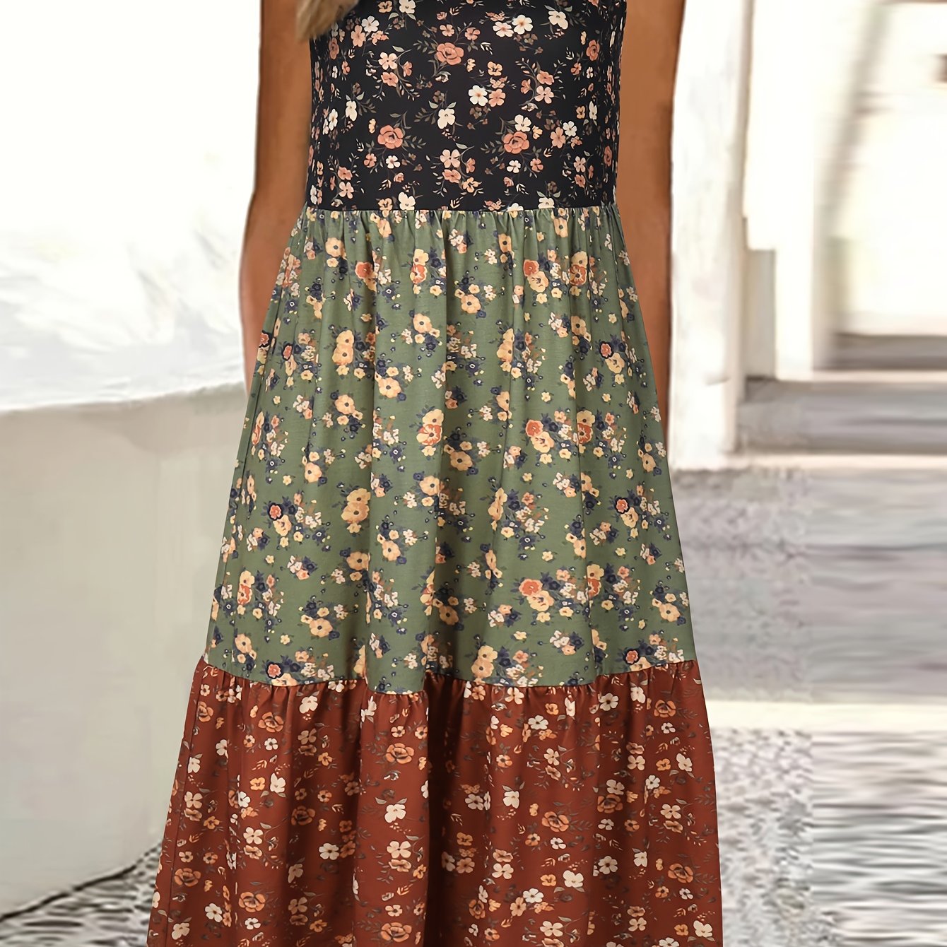 Vibrant Color Block Floral Print Tiered Tank Dress - Relaxed Fit, Crew Neck, Casual, Comfortable, Soft Fabric - Womens Summer Clothing, Beach Dress, Vacation Wear