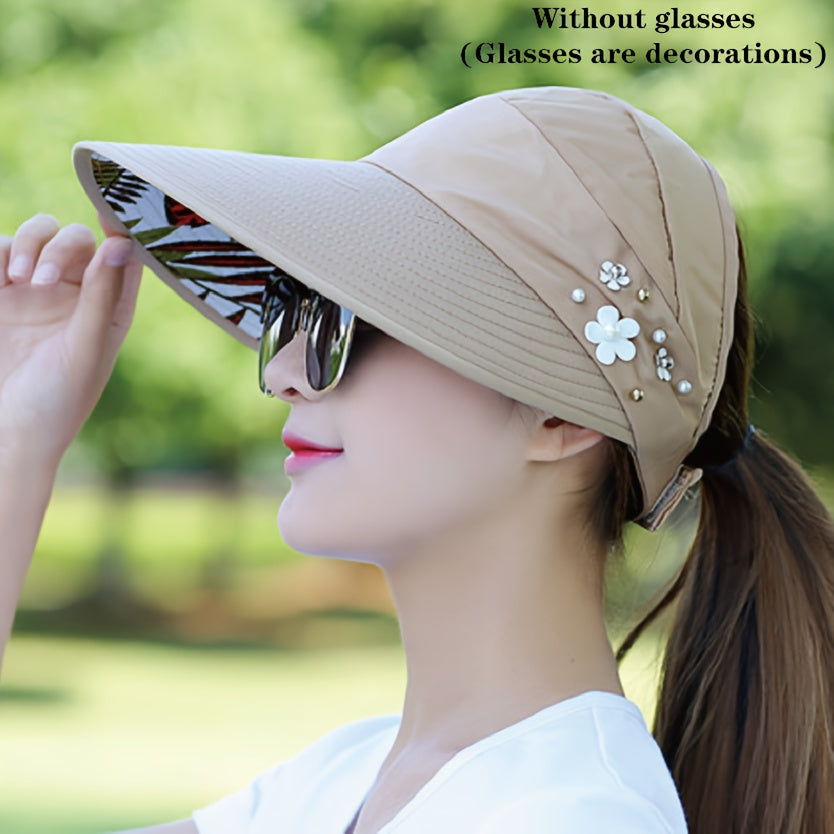 Womens Summer Sun Hat - Premium UV Shield, Stylishly Versatile, Travel-Friendly Foldable Design, Wide Brim for Optimal Shade, Chic Floral Lining, Adjustable with Flower Accent