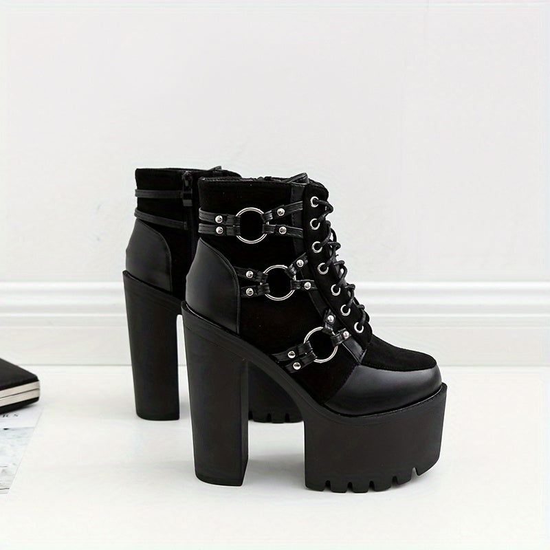 Women's Goth Motorcycle High Heel Boots, Block Heels Lace Up And Zipper Round Toe Platform Ankle Boots, Y2K Style Boots