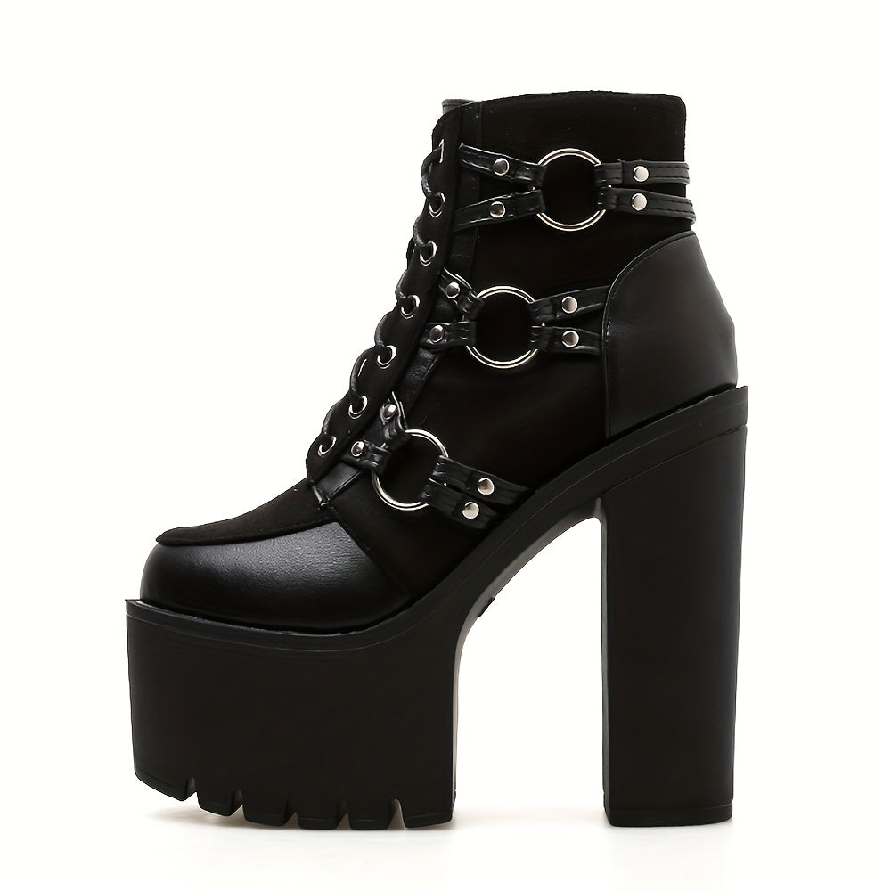 Women's Goth Motorcycle High Heel Boots, Block Heels Lace Up And Zipper Round Toe Platform Ankle Boots, Y2K Style Boots