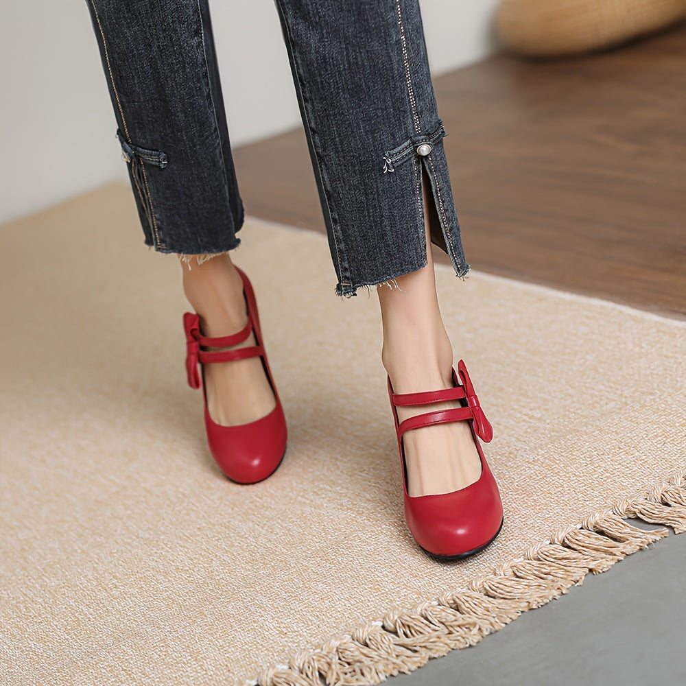 Round Toe Pumps Kitten Heels, Bowknot Ankle Straps PU Leather Fashion Dance Work Dress Chunky Shoes, Women's Footwear