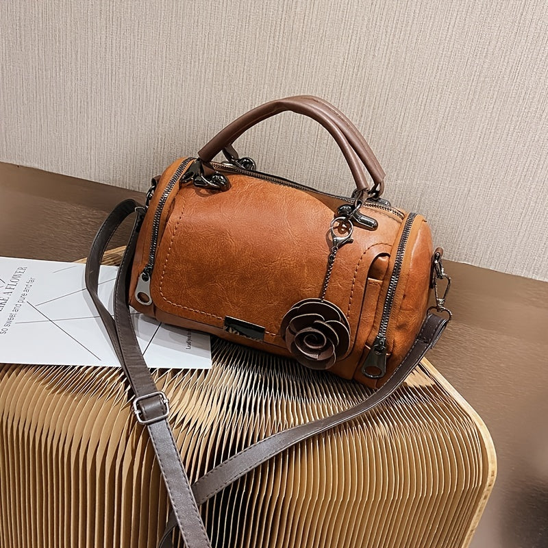 Vintage Boston Handbag, Large-capacity Trendy Satchel Bag, Flower Pendant Zipper Purse