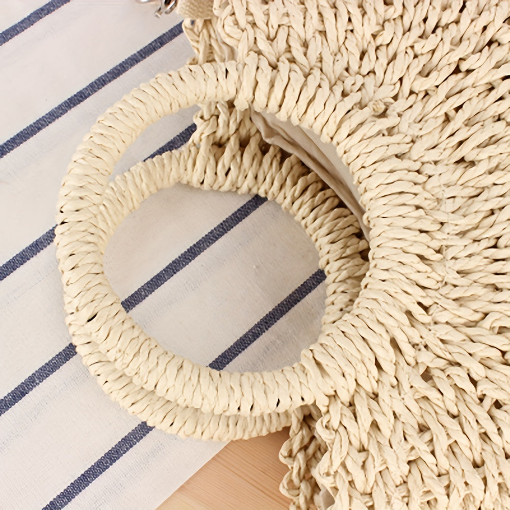 Half-Round Woven Straw Crossbody Bag - Lightweight, Removable Strap, Drawstring Closure, Polyester Lining, Perfect for Womens Summer Holiday and Beach Occasions