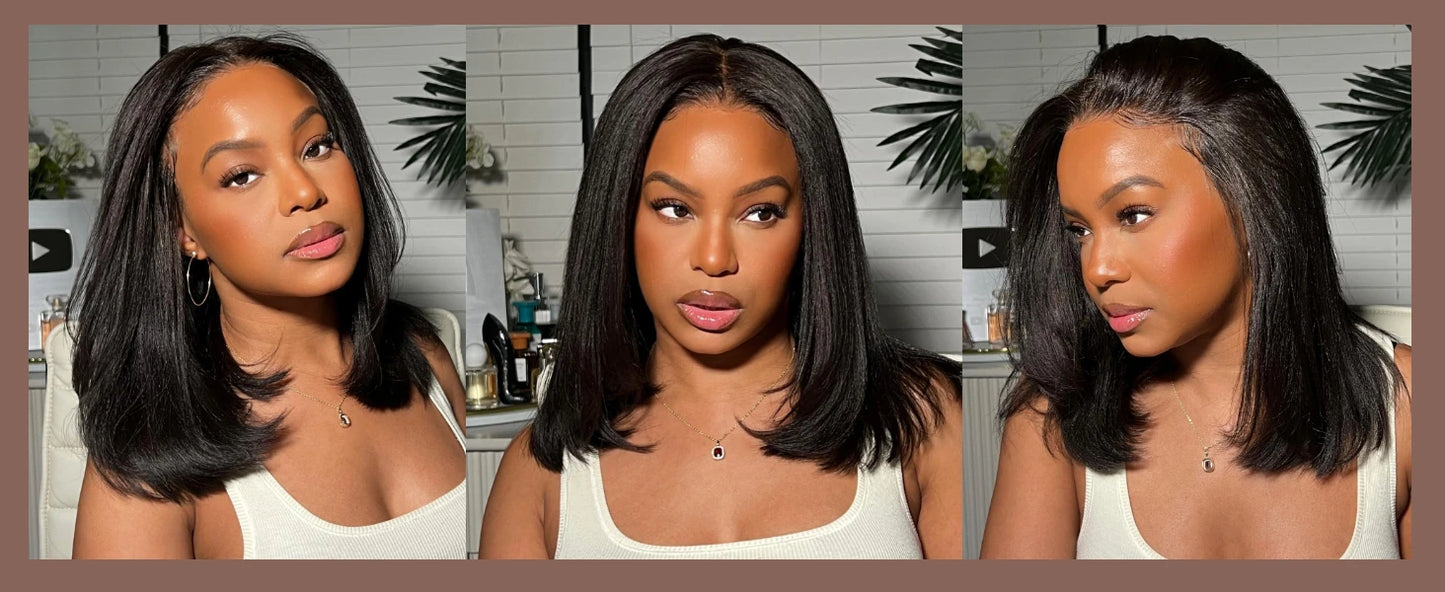 UNice Hair Drawstring Cap Yaki Straight Bob Wig Pre Cut Pre Bleached 7x5 Lace Closure Glueless Wigs Human Hair Ready To Wear Go