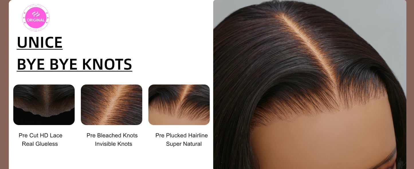 UNice Hair Drawstring Cap Yaki Straight Bob Wig Pre Cut Pre Bleached 7x5 Lace Closure Glueless Wigs Human Hair Ready To Wear Go