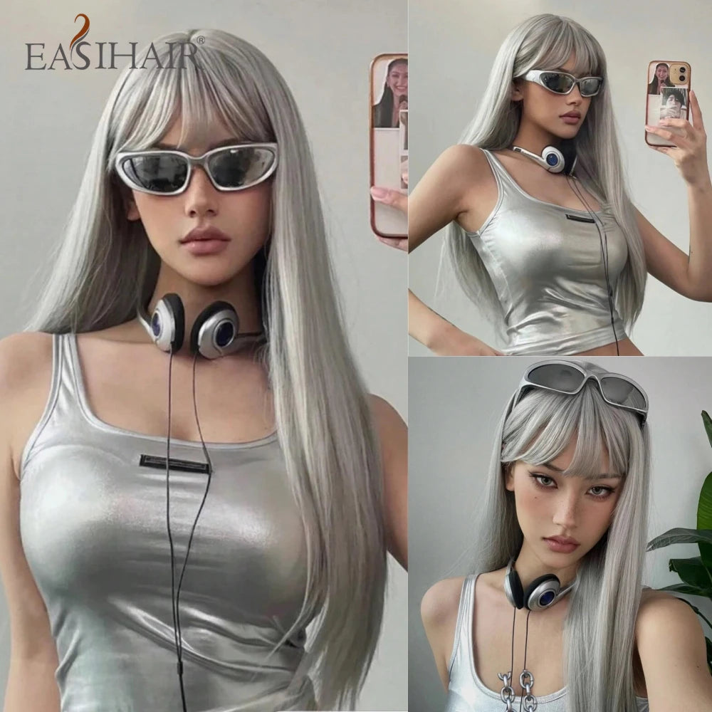 EASIHAIR Long Silky Straight Synthetic Wigs with Bangs Black Cosplay Party Lolita Hair Wigs for Women Natural Heat Resistant Wig
