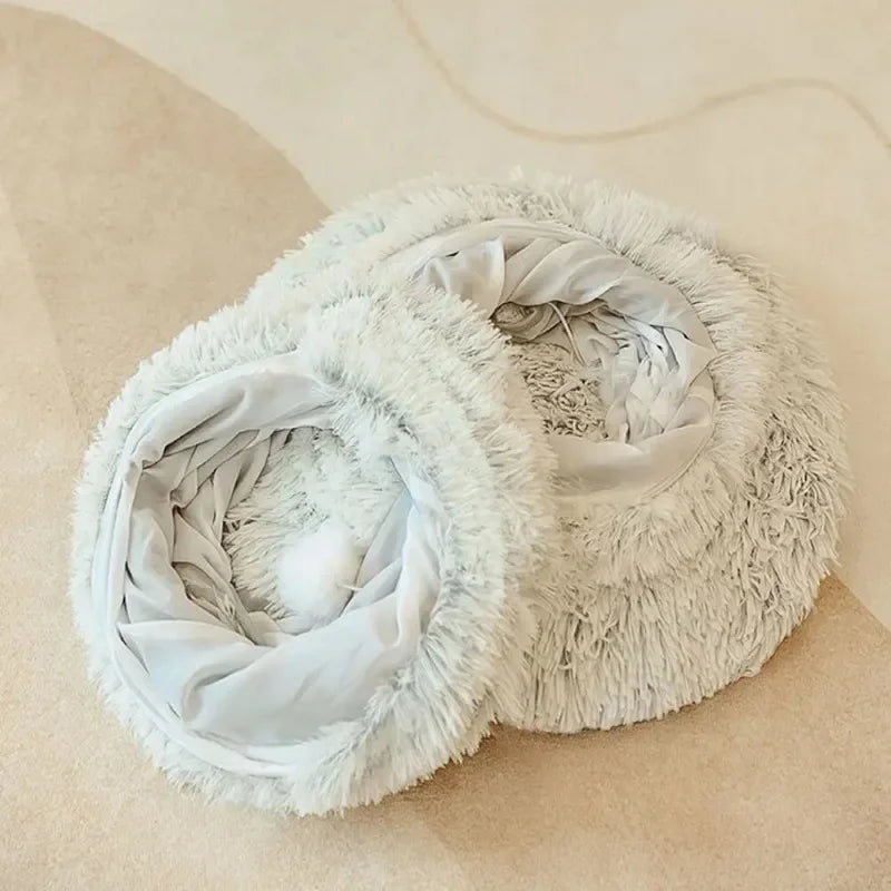 Plush Cat Bed with Tunnel for Indoor Cats Multifunctional Cat Tunnel Bed with Peephole Fluffy Donut Cat Bed with Tunnel