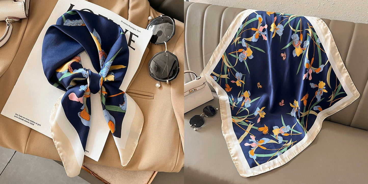 Luxury Floral Print Silk Square Scarf Women Soft Satin Kerchief Hairband Neckerchief Head Hijab Lady Headband Foulard Bag Ribbon