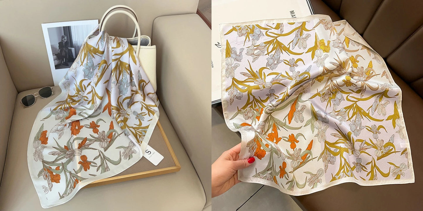 Luxury Floral Print Silk Square Scarf Women Soft Satin Kerchief Hairband Neckerchief Head Hijab Lady Headband Foulard Bag Ribbon