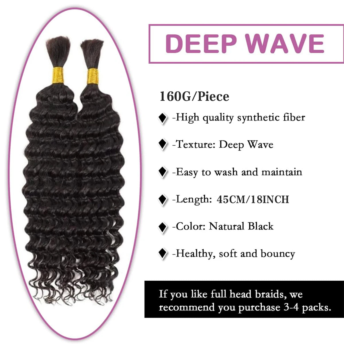 Synthetic Deep Wave Bulk hair For Braiding 160g No Weft Deep Wave For Braiding Micro Faux Braiding Hair for Boho Braids Wet