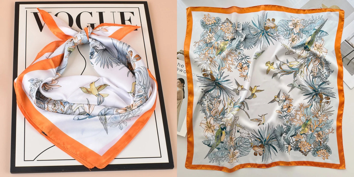 Luxury Floral Print Silk Square Scarf Women Soft Satin Kerchief Hairband Neckerchief Head Hijab Lady Headband Foulard Bag Ribbon