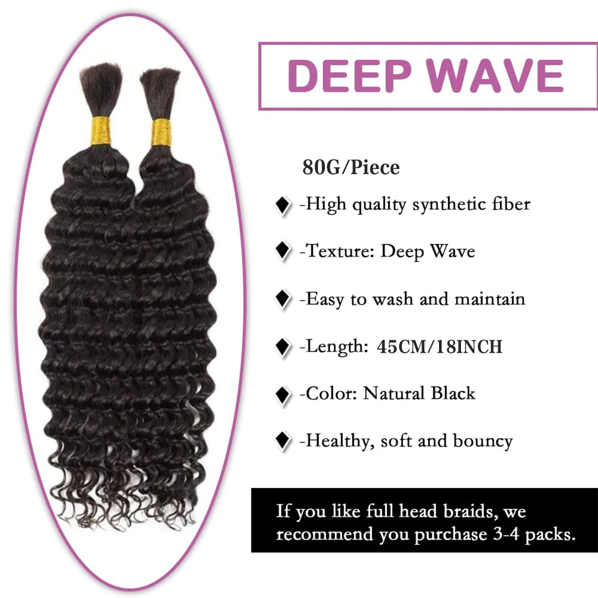 Synthetic Deep Wave Bulk hair For Braiding 160g No Weft Deep Wave For Braiding Micro Faux Braiding Hair for Boho Braids Wet