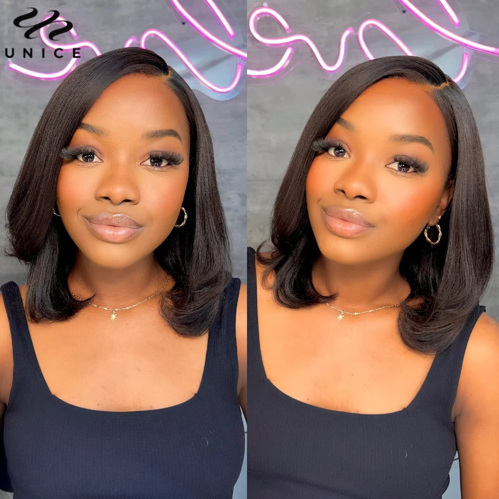 UNice Hair Drawstring Cap Yaki Straight Bob Wig Pre Cut Pre Bleached 7x5 Lace Closure Glueless Wigs Human Hair Ready To Wear Go