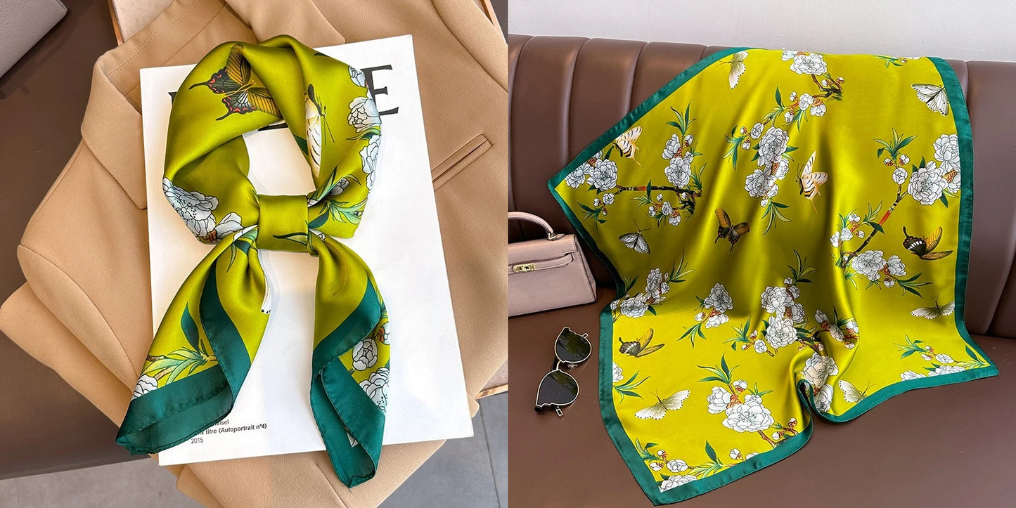 Luxury Floral Print Silk Square Scarf Women Soft Satin Kerchief Hairband Neckerchief Head Hijab Lady Headband Foulard Bag Ribbon
