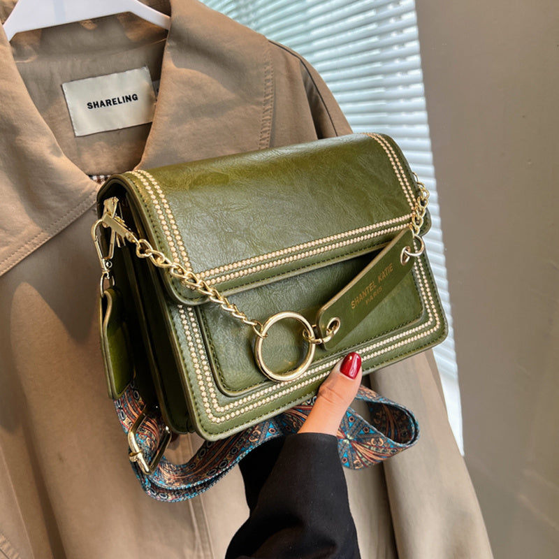 Chain Decor Square Crossbody Bag, Small Stitch Detail Flap Purse, Women's Faux Leather Shoulder Bag