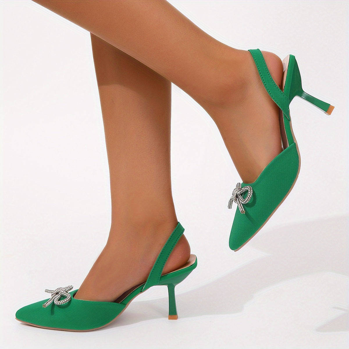 Women's Rhinestone Bow Stiletto, Pointed Toe Satin Slingback High Heels, Party & Evening Going Out Dress Shoes