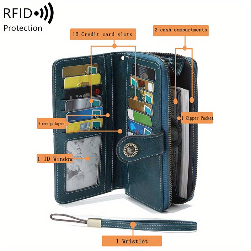 Vintage-Style RFID Long Wallet – Large-Capacity Faux Leather Coin Purse with Wristband, Snap Closure & Multi-Card Slots