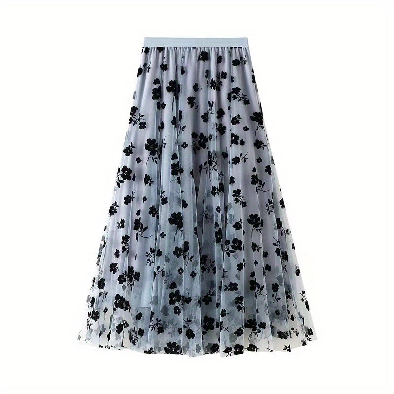 Plant Print Contrast Mesh Skirts, Elegant High Waist Maxi Skirts, Women's Clothing