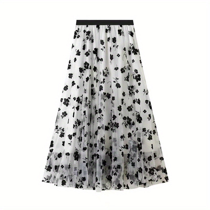 Plant Print Contrast Mesh Skirts, Elegant High Waist Maxi Skirts, Women's Clothing