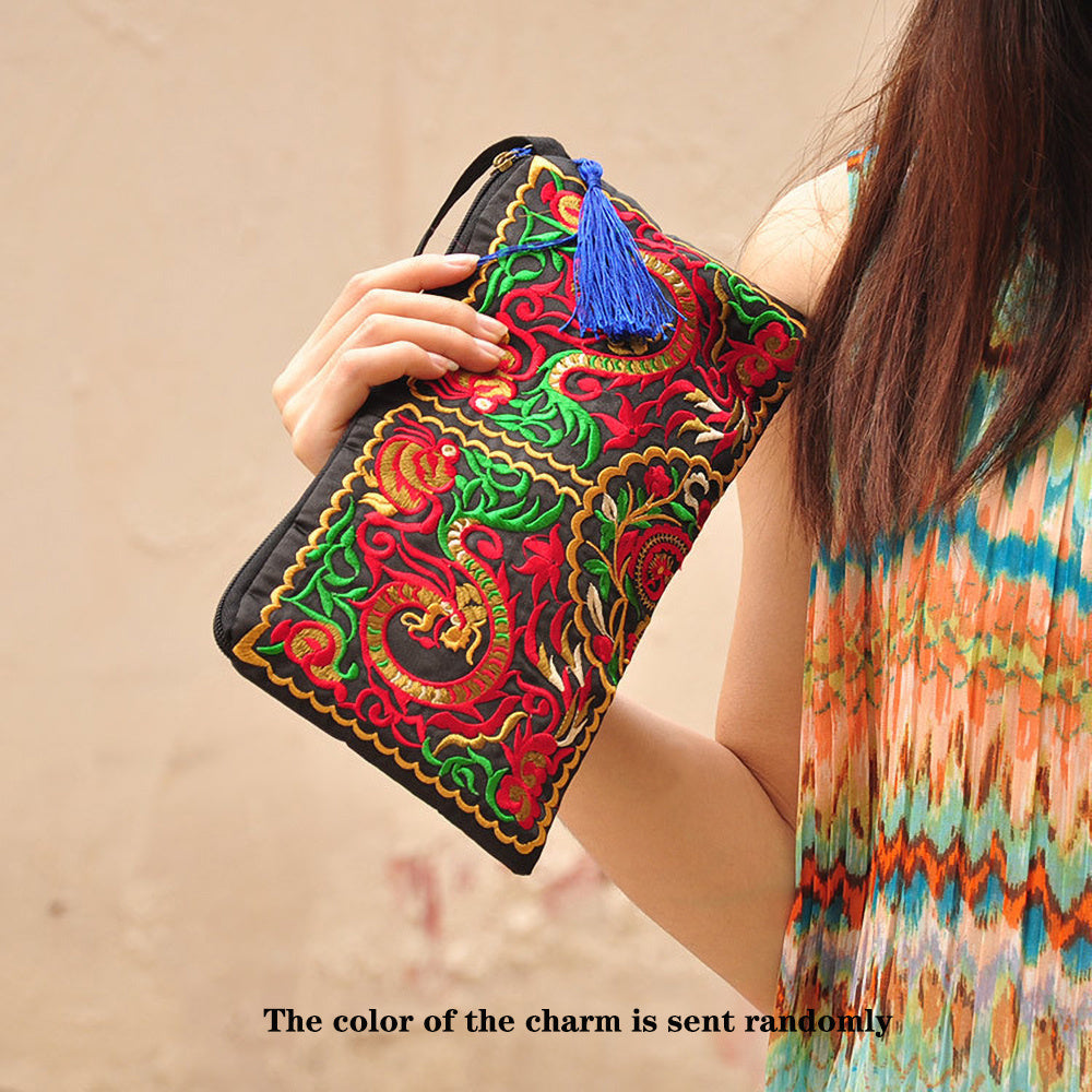 Vintage Square Phone Purse - Ethnic Floral Embroidery, Wristlet Strap, Stylish Clutch for Everyday Chic