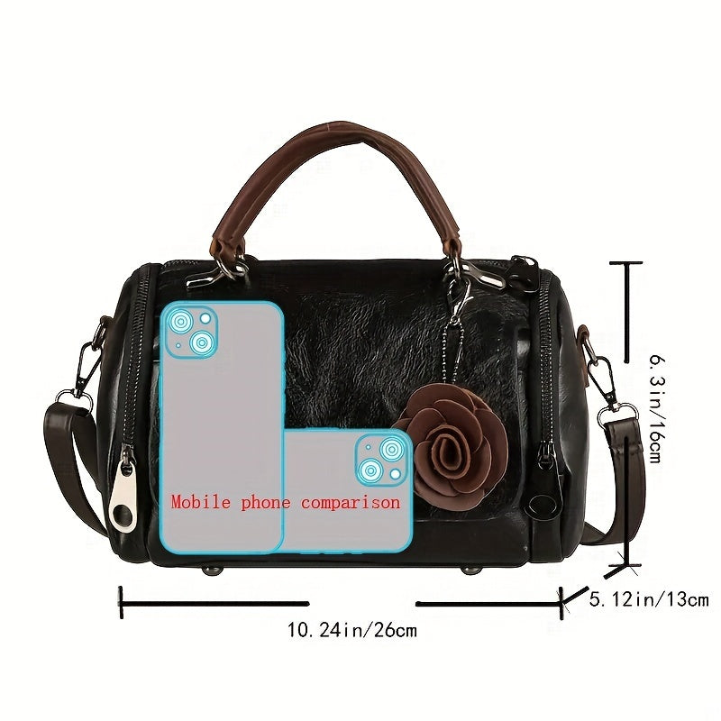 Vintage Boston Handbag, Large-capacity Trendy Satchel Bag, Flower Pendant Zipper Purse