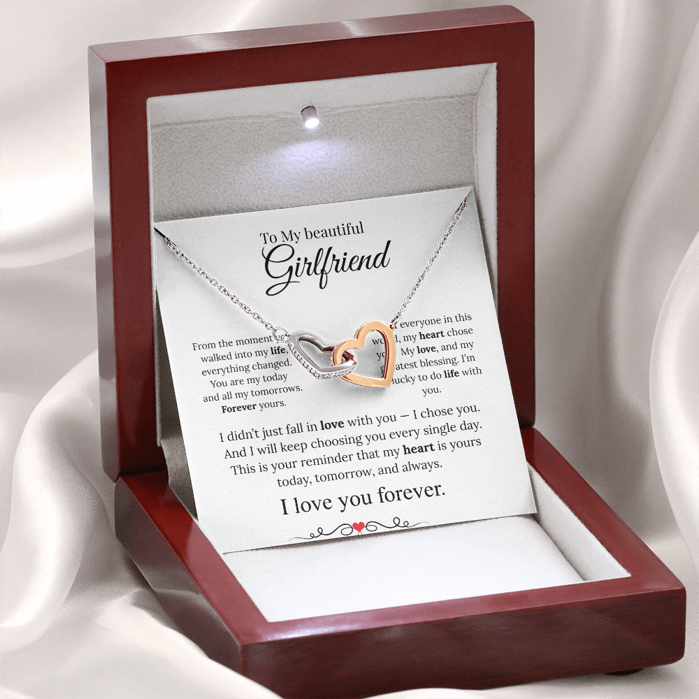 To My Beautiful girlfriend Heart Necklace, Two-Tone Copper Inlaid Zirconia, Message Card & Luxury Gift Box, Valentine's Day, Birthday, Anniversary Gift