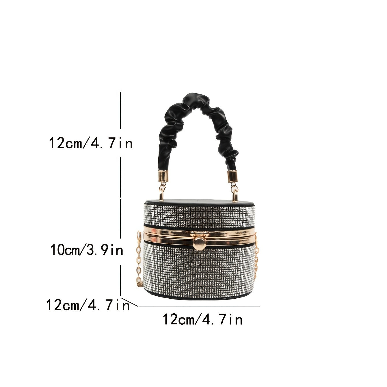 Mini Allover Rhinestone Handbag, Ruched Detail Evening Bucket Bag, Stylish Chain Shoulder Purse For Party (3.9*4.7*4.7) Inch Best Gifts for Carnaval
