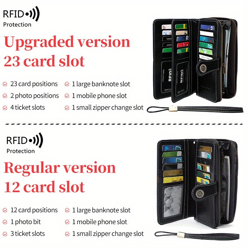 Vintage-Style RFID Long Wallet – Large-Capacity Faux Leather Coin Purse with Wristband, Snap Closure & Multi-Card Slots