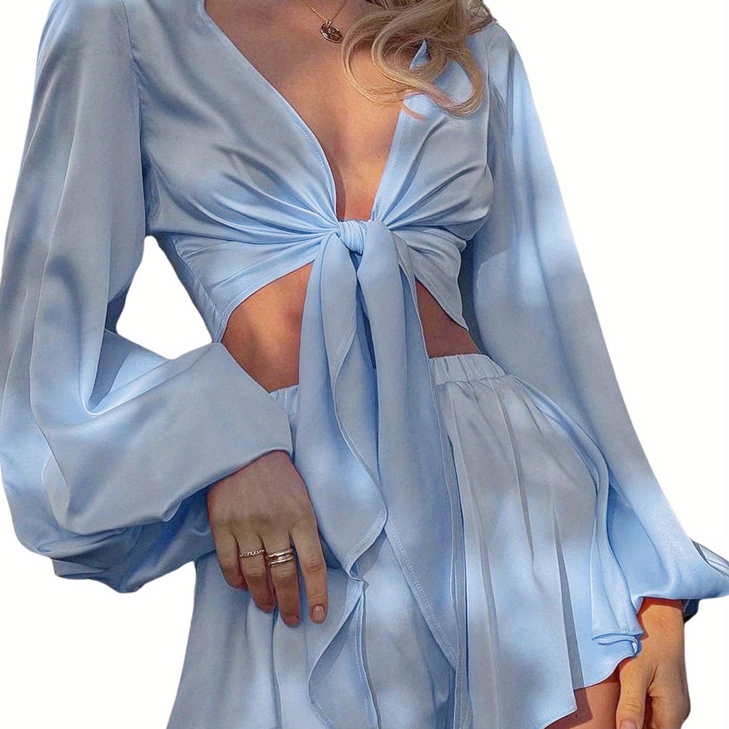 Women Shorts Set, Long Sleeve Tie-up Crop Top with Elastic Waist Shorts Summer Outfit