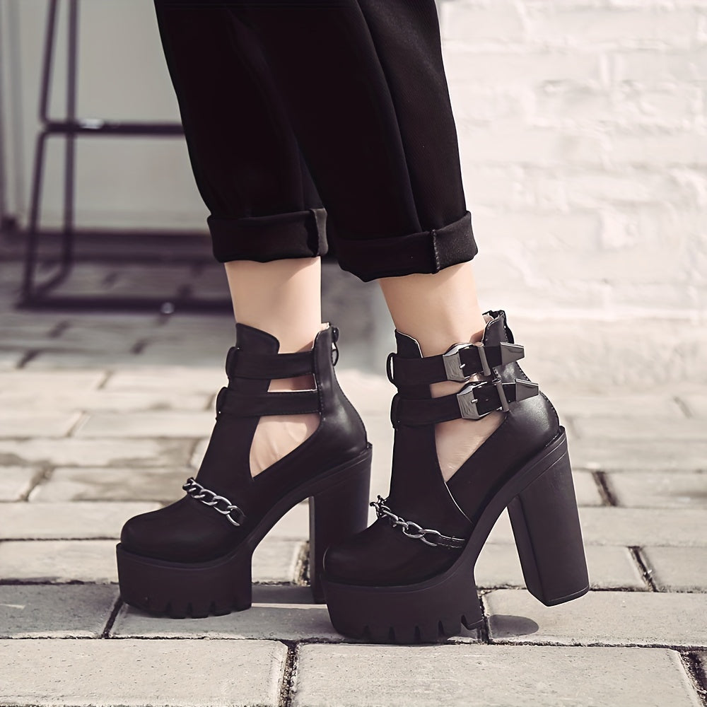Women's Goth Platform Block High Heels, Black Chain Decor Double Buckle Strap Ankle Boots, Back Zipper Short Motorcycle Boots