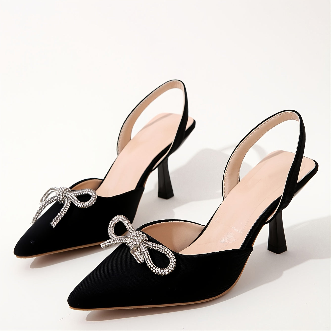 Women's Rhinestone Bow Stiletto, Pointed Toe Satin Slingback High Heels, Party & Evening Going Out Dress Shoes