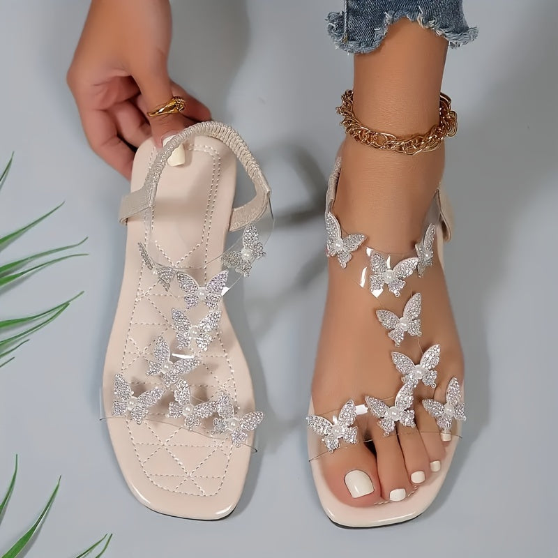 Womens Sparkling Rhinestone Butterfly Flat Sandals - Fashionable Open Toe Summer Shoes with Comfortable Elastic Bands - Ideal for Casual Everyday Wear