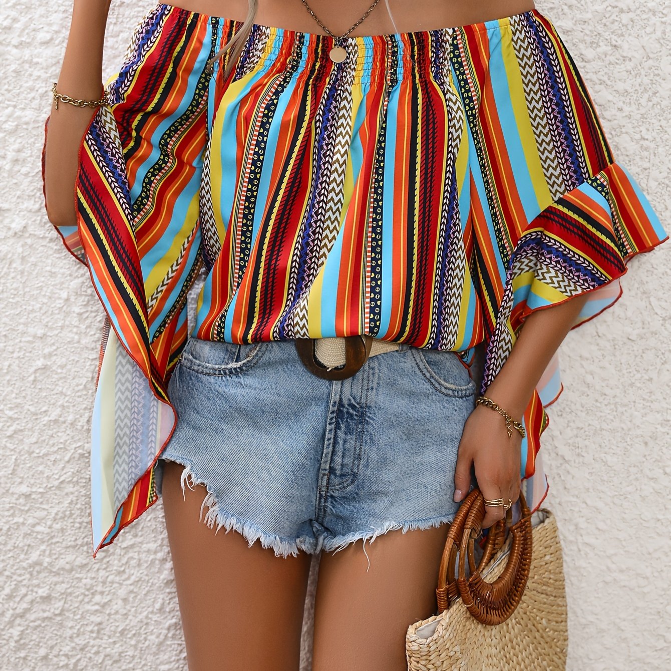 Vibrant Stripe Off-Shoulder Blouse - Flirty Ruffle Trim, Lightweight & Breathable - Womens Summer Vacation Wardrobe Staple