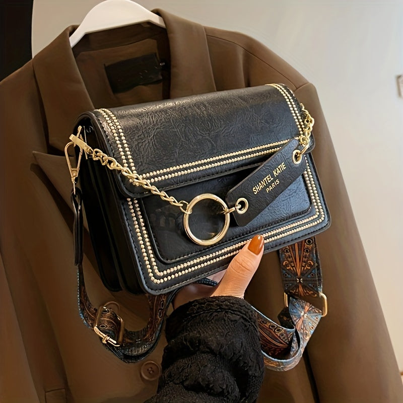 Chain Decor Square Crossbody Bag, Small Stitch Detail Flap Purse, Women's Faux Leather Shoulder Bag