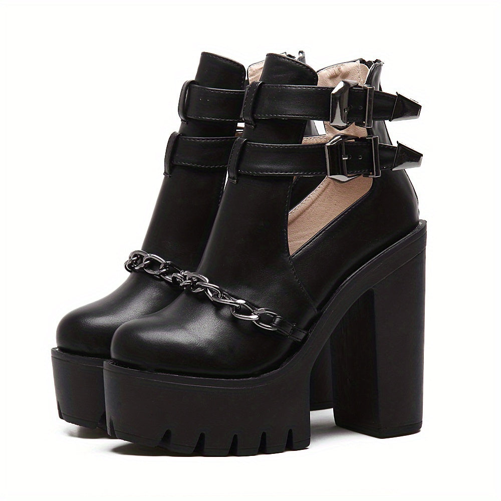 Women's Goth Platform Block High Heels, Black Chain Decor Double Buckle Strap Ankle Boots, Back Zipper Short Motorcycle Boots