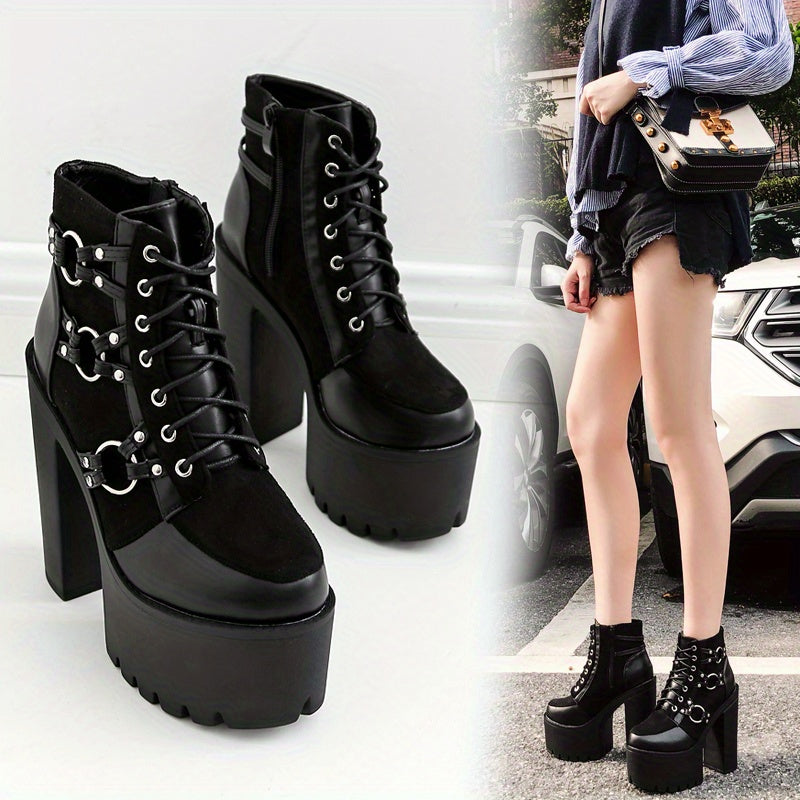 Women's Goth Motorcycle High Heel Boots, Block Heels Lace Up And Zipper Round Toe Platform Ankle Boots, Y2K Style Boots