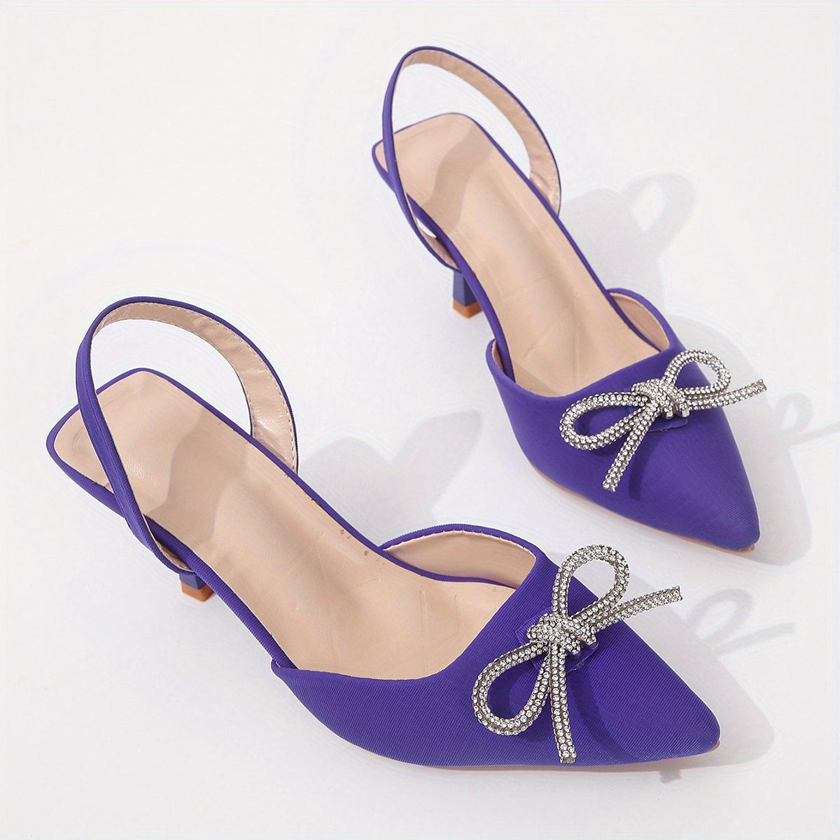 Women's Rhinestone Bow Stiletto, Pointed Toe Satin Slingback High Heels, Party & Evening Going Out Dress Shoes
