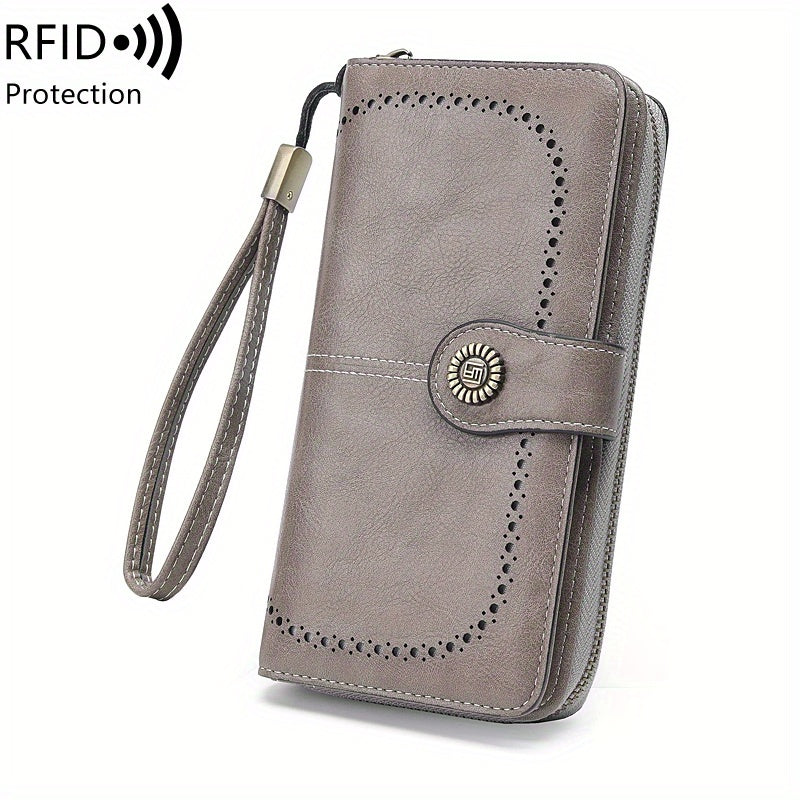 Vintage-Style RFID Long Wallet – Large-Capacity Faux Leather Coin Purse with Wristband, Snap Closure & Multi-Card Slots