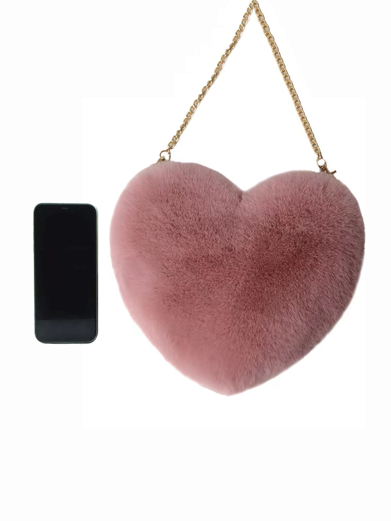Heart Shaped Fluffy Shoulder Bag, Fashion Chain Crossbody Bag, Cute Zipper Purse For Valentine's Day