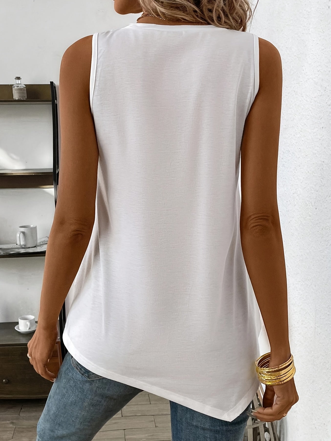Summer Essential Asymmetrical Neck Crew Neck Tank Top - Soft Micro Elastic Polyester Fabric, Semi-Sheer, Solid Color, Casual Knit Fabric Style - Perfect for Womens Summer Clothing