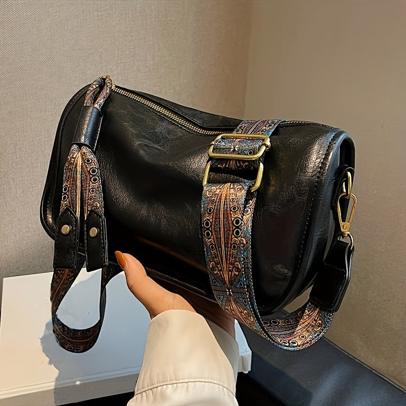 Stylish Large Capacity Crossbody Bag - Graphic Pattern Zipper Shoulder Bag With Wide Strap - Daily Purse