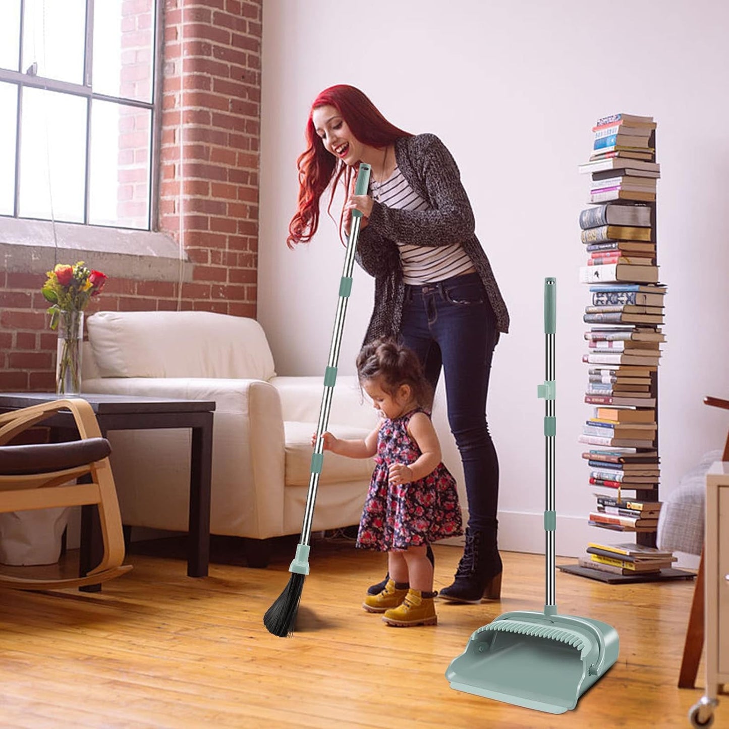 Broom and Dustpan Set, Self-Cleaning with Dustpan Teeth
