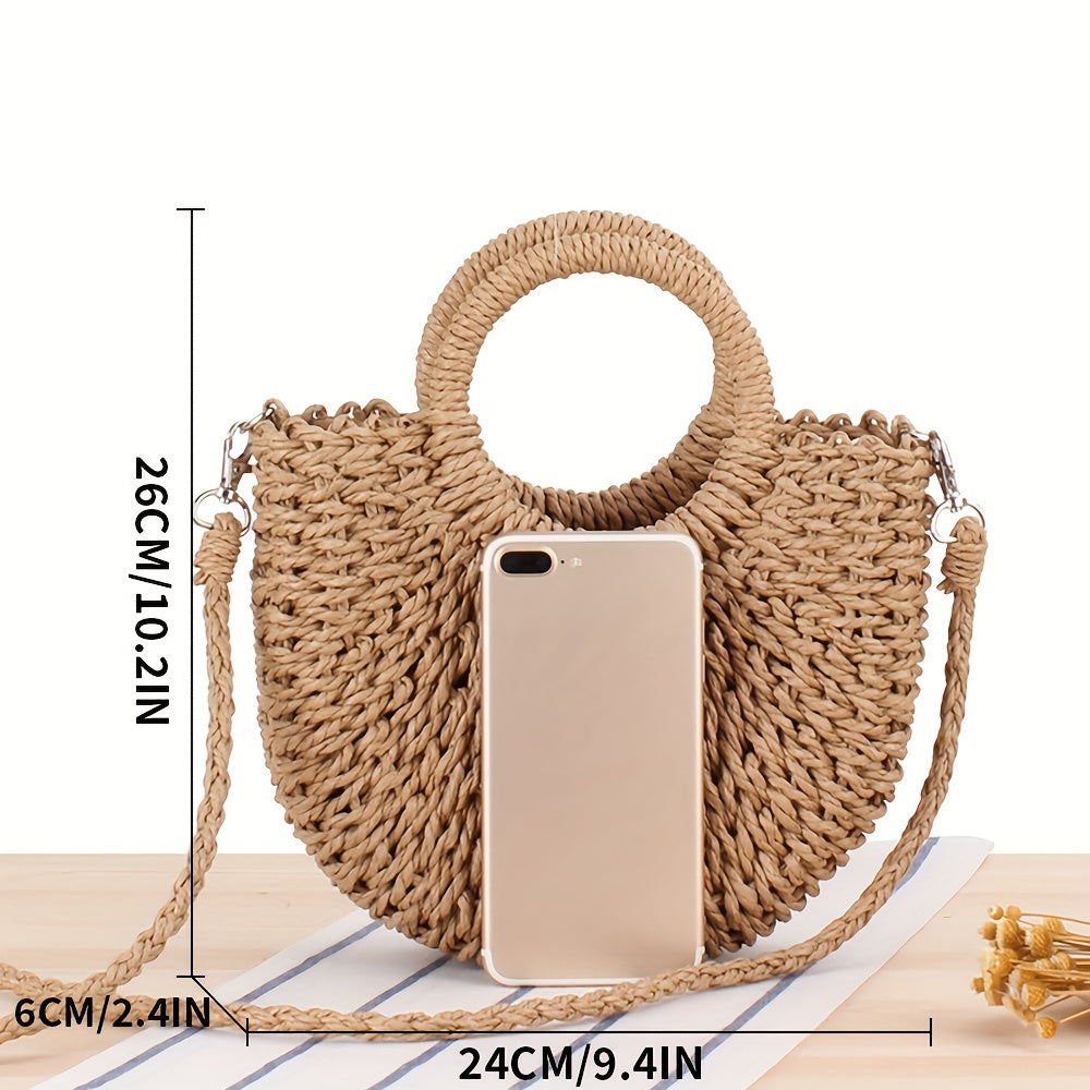 Half-Round Woven Straw Crossbody Bag - Lightweight, Removable Strap, Drawstring Closure, Polyester Lining, Perfect for Womens Summer Holiday and Beach Occasions