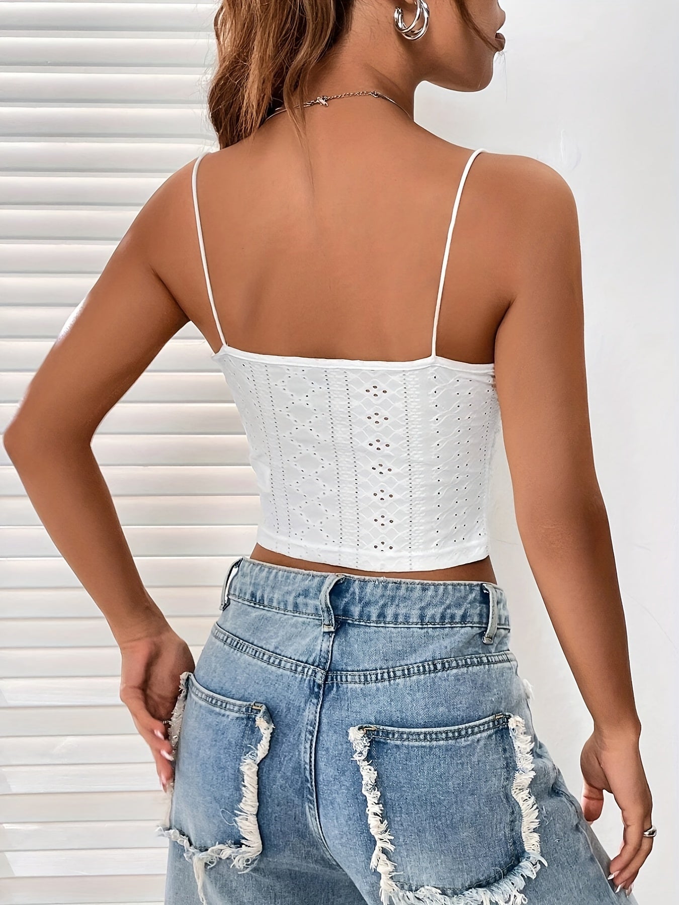 Flirty Lace Eyelet Cami Top - Adjustable Spaghetti Straps, Slim Fit & Crop Length - Versatile Solid Colors for Coquette Y2K Style - Womens Summer Fashion
